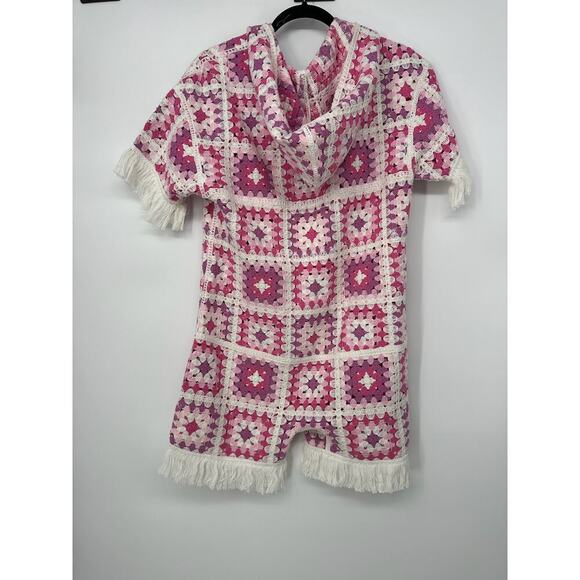 Onepiece Coverup Crochet Short Jumpsuit Pink White size XS/S Resort Retro Rare - Picture 6 of 6